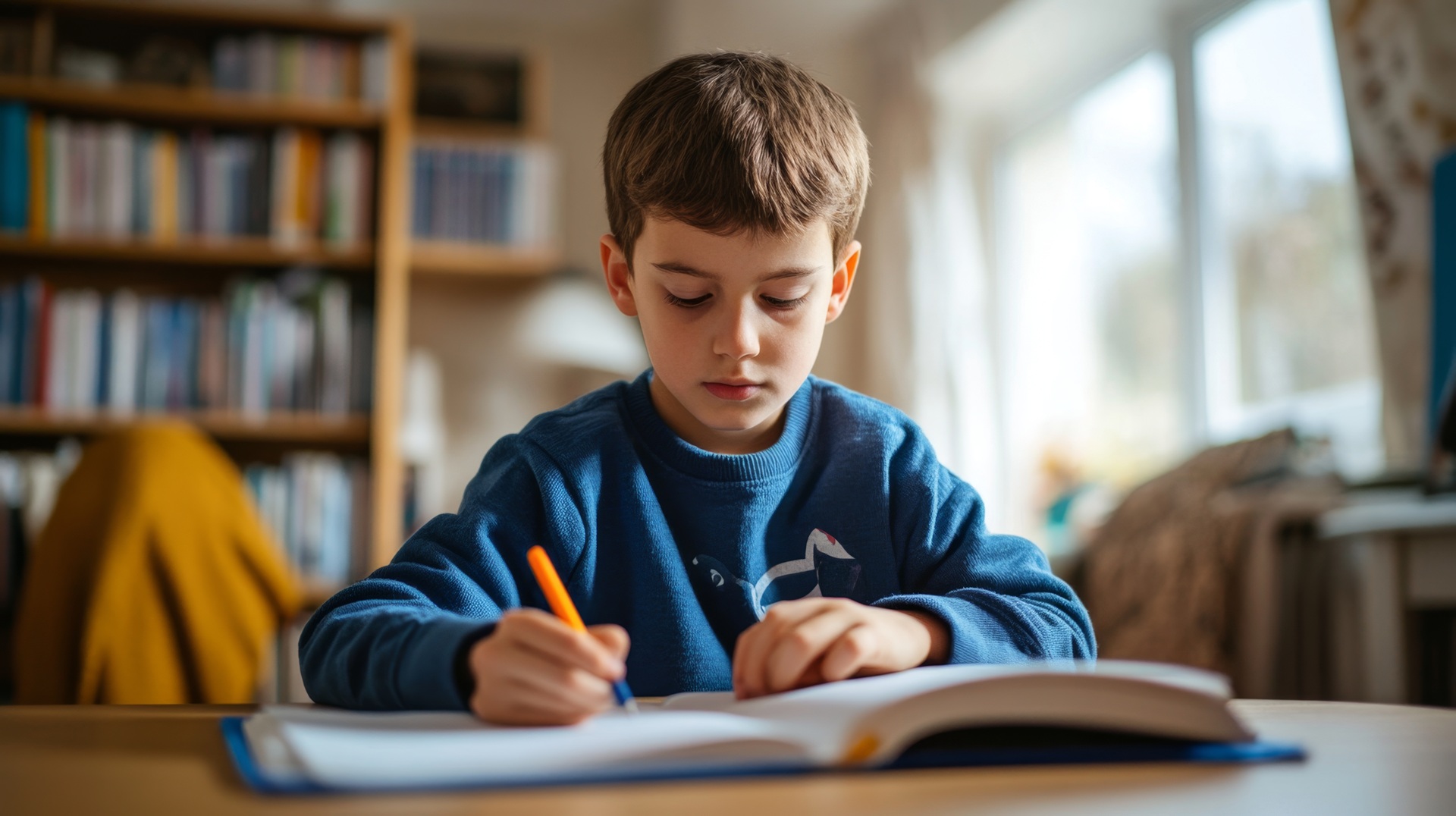 Junge schreibt konzentriert in Schulheft | Akustikpaneel Eiche